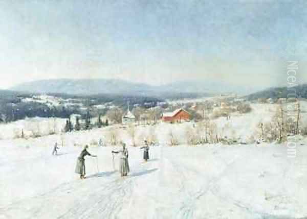 Landscape with Skiers Oil Painting by Carl-Edvard Diriks