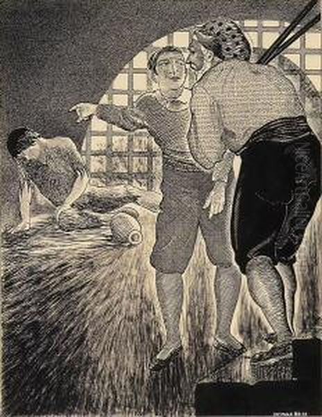 Men Entering Dungeon As Prisoner Stirs. Oil Painting by Winold Reiss