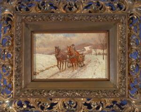 Pferdeschlitten In Winterlandschaft Oil Painting by Hermann Reisz