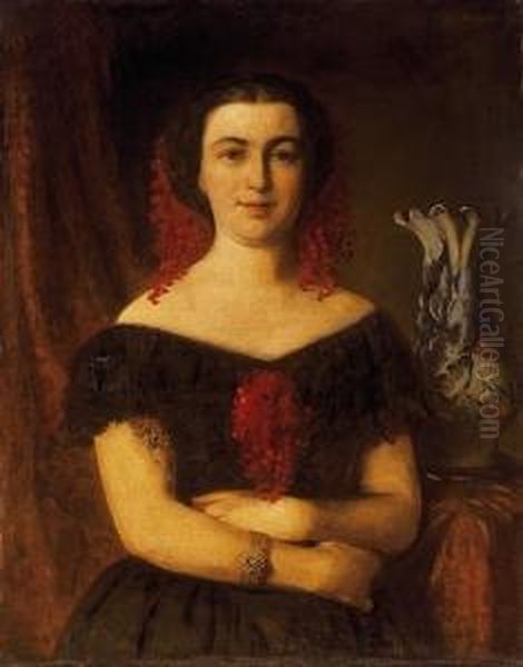 Woman With Red Head-dress Oil Painting by Johann Baptist Reiter