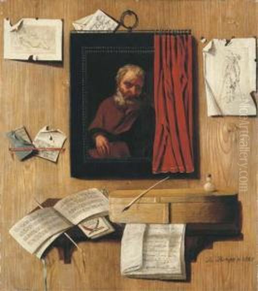 A Trompe-l'oeil With A Partially
 Covered Painting Of An Apostle,prints And Letters On A Wall, And 
Manuscripts, An Inkwell, Quillpen And Other Objects On A Shelf Oil Painting by Andrea Domenico Remps