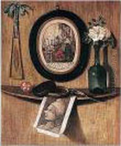 Trompe L'oeil Of Prints, A Fan, A
 Rose In A Wine Bottle, A Knife, A Pot And A Ball On A Ledge On A Wooden
 Wall Oil Painting by Andrea Domenico Remps