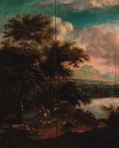 A wooded river landscape with drovers on a track with sheep and fishermen sitting on a bank, a mountainous landscape beyond Oil Painting by Adrian Van Diest