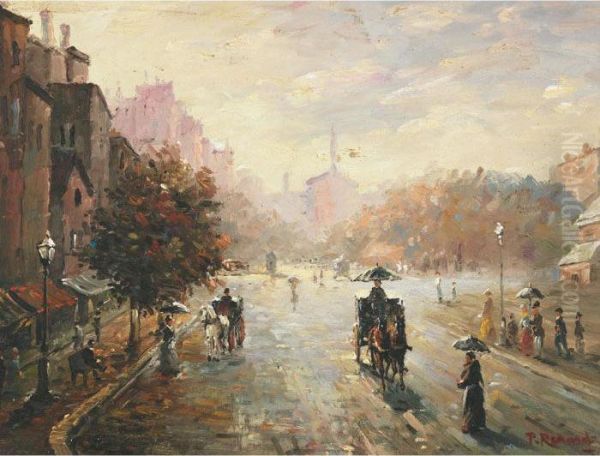 Carriages In The Busy Streets Of Paris Oil Painting by Paul Renard