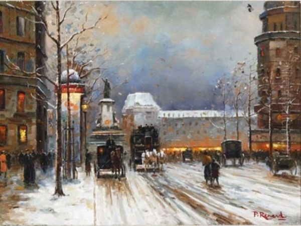 Paris On A Snowy Night Oil Painting by Paul Renard