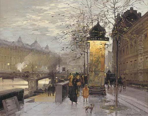 A Parisian Street Scene Oil Painting by Paul Renard