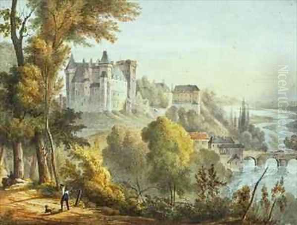 View of the bridge at Jurancon and Chateau Pau Oil Painting by E. Defonds