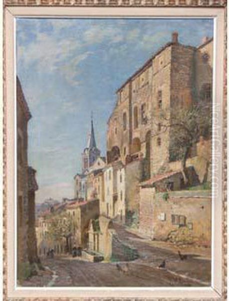 Rue Montante Dans Le Village, Situe Lamotte, Toile, Signee, 56 X 41 Cm Oil Painting by Alfred Renaudin