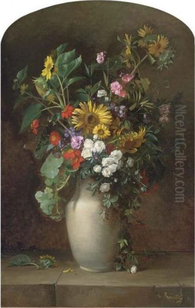 Sunflowers, Roses, And Other Summer Blooms In A Vase On A Stone Ledge Oil Painting by Alfred Renaudin