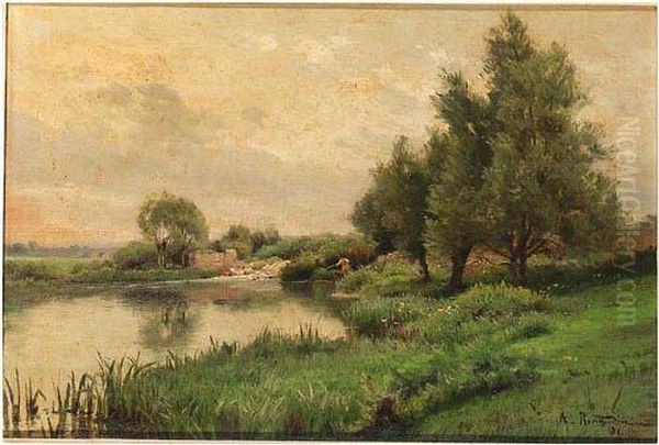 Pecheur Au Bord De La Riviere Oil Painting by Alfred Renaudin