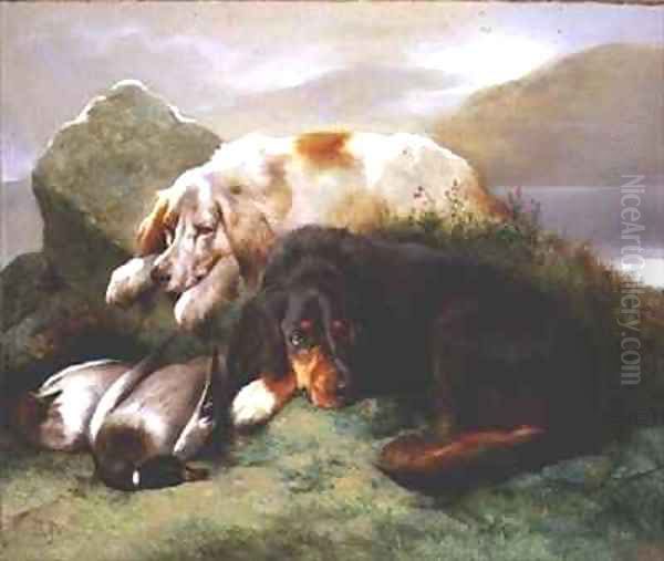 English and Gordon Setters with Mallard Oil Painting by Edwin Douglas