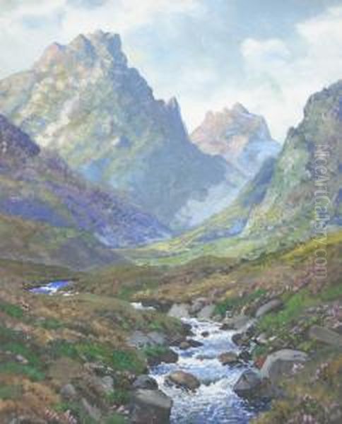 A Highland Glen With A Burn Running Through It Oil Painting by George Melvin Rennie