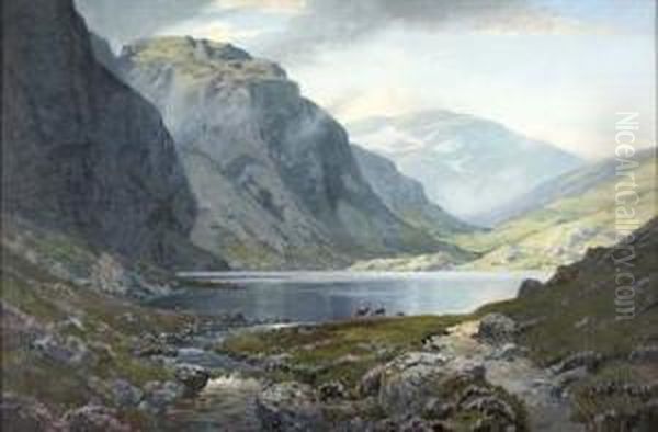 Deer By A Deserted Highland Loch Oil Painting by George Melvin Rennie