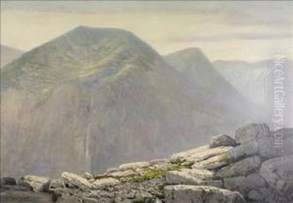 A Rock Strewn Mountainside With Waterfall by George Melvin Rennie