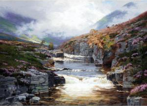 Highland Scene With Deer Grazing Near A Waterfall Oil Painting by George Melvin Rennie