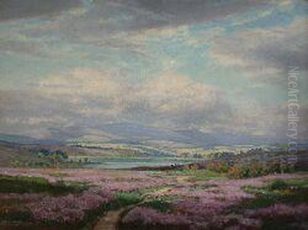 Heather Covered Hillside With Distant Loch Oil Painting by George Melvin Rennie