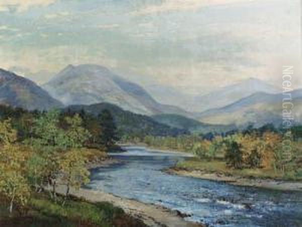 Lochnagar From The Dee, Below The Old Bridge Of Dee, Braemar Oil Painting by George Melvin Rennie