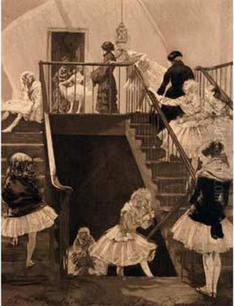 [jeunes Filles Sortant Du Cours De Ballet]. Vers 1900. Oil Painting by Paul Renouard