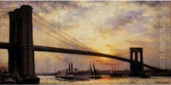 View Of The Brooklyn Bridge Oil Painting by Emile Renouf