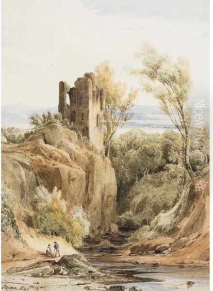 Deux Personnages Discutant Dans Un Paysage Avec Ruines Et Cours D'eau Oil Painting by Charles Caius Renoux