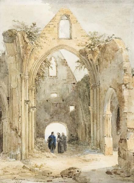 Trois Hommes Dans Une Eglise En Ruines Oil Painting by Charles Caius Renoux