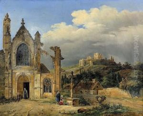 Kirchhof Mit Jungem Paar Vor Einem Kreuz. Oil Painting by Charles Caius Renoux