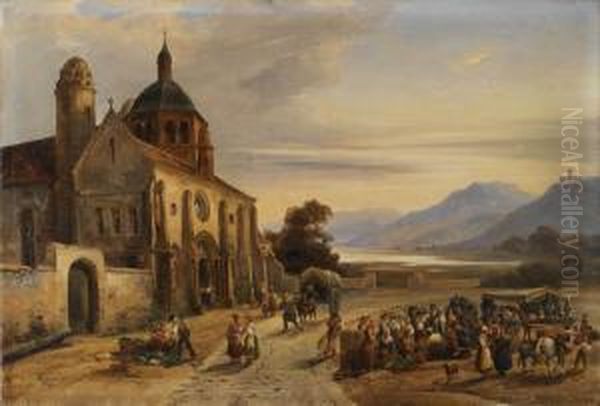 Le Deballage Du Marche Devant L'eglise Oil Painting by Charles Caius Renoux