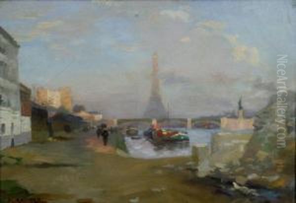 Le Pont De Grenelle Et La Tour Eiffel Oil Painting by Jules Ernest Renoux