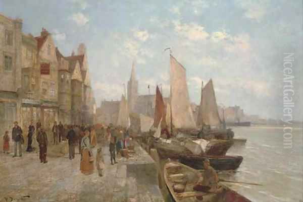 Unloading the catch in the port of Danzig Oil Painting by Pierre Dumont