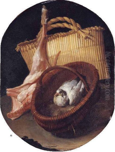 Natura Morta Con Cesto Con Colomba, Quarto Di Capretto E Sporta Oil Painting by Arcangelo Resani