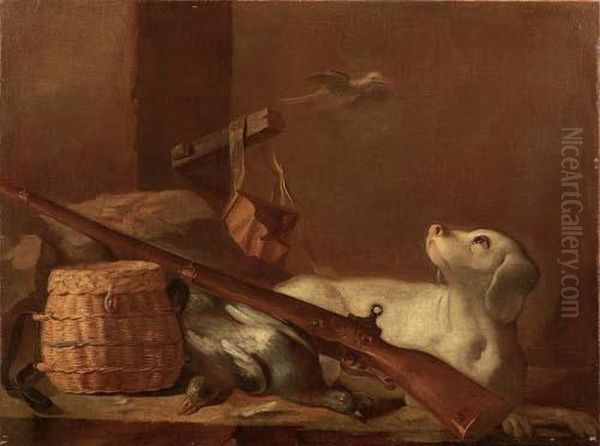 Natura Morta Di Cacciagione Con Fucile, Cane Ed Uccelli In Volo Oil Painting by Arcangelo Resani