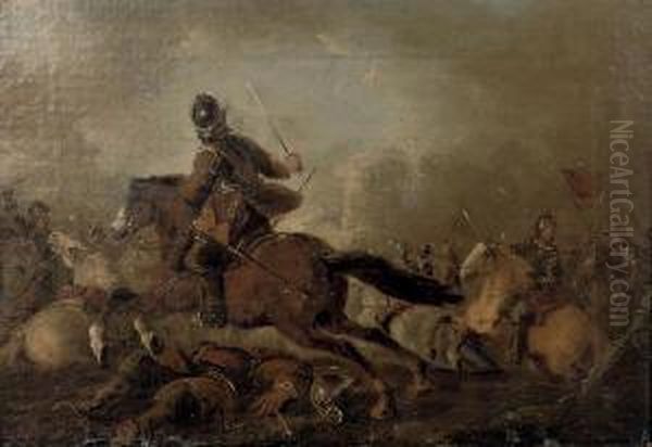 A Cavalry Skirmish Oil Painting by Pandolfo Reschi