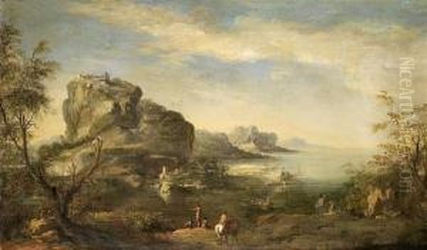 Travellers Resting Before A Costal Landscape Oil Painting by Pandolfo Reschi