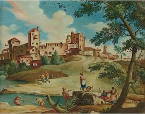 Veduta Lacustre Con Citta Turrita Sullo Sfondo Oil Painting by Pandolfo Reschi