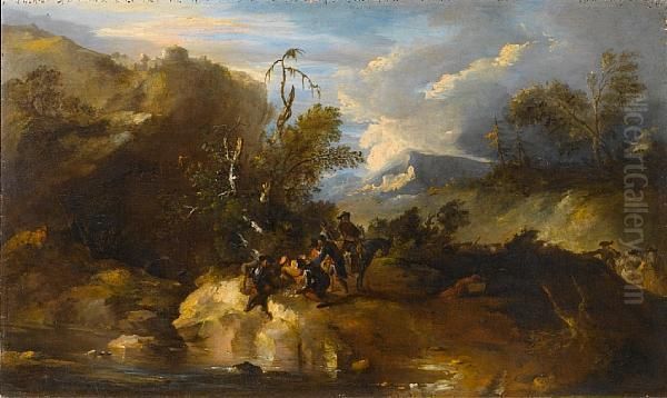 Banditi In A River Landscape Oil Painting by Pandolfo Reschi