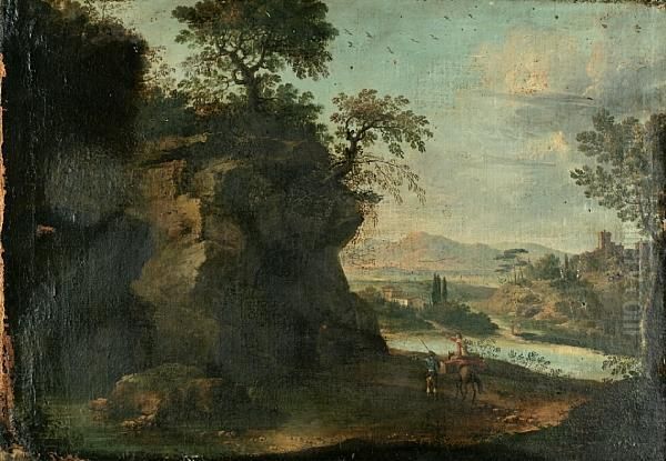 Travellers By A Cave In An Extensivelandscape Oil Painting by Pandolfo Reschi