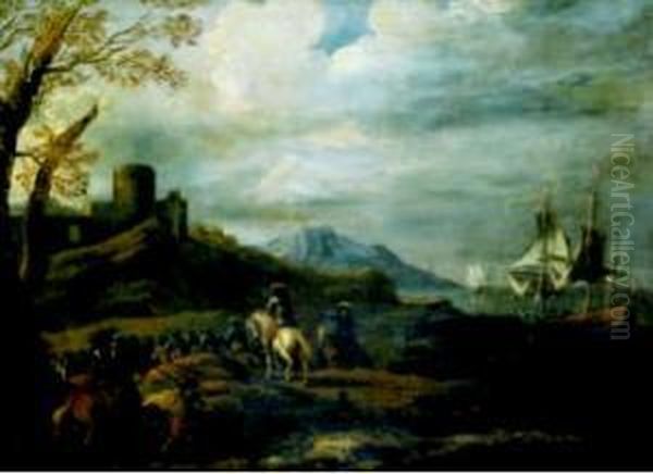 Paesaggio Costiero Con Cavalieri E Velieri Alla Fonda Oil Painting by Pandolfo Reschi