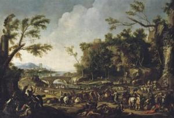 Soldiers Robbing Merchants In An Extensive Rocky River Landscape Oil Painting by Pandolfo Reschi