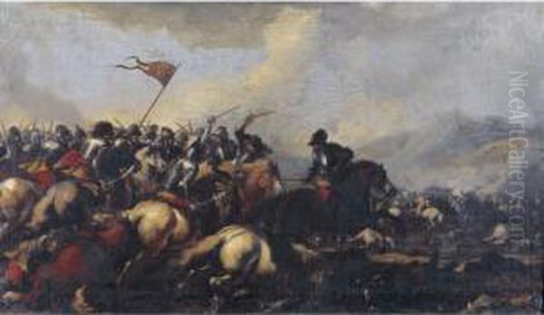 A Cavalry Engagement Oil Painting by Pandolfo Reschi