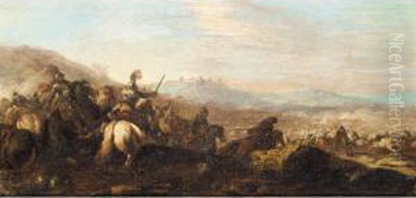 Cavalry Battle With A Town In The Distance To The Right Oil Painting by Pandolfo Reschi