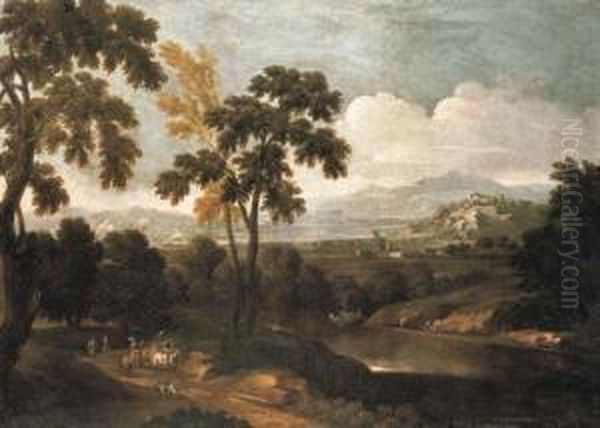 An Extensive River Landscape With A Hunting Party Oil Painting by Pandolfo Reschi