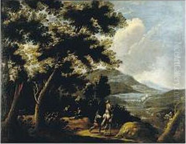 Travelers In An Extensive Landscape: A Pair Of Paintings Oil Painting by Pandolfo Reschi