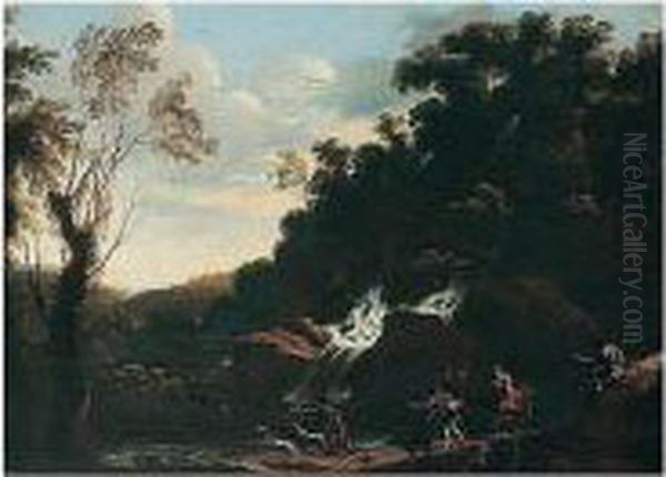 Landscape With A Stag Hunt Oil Painting by Pandolfo Reschi