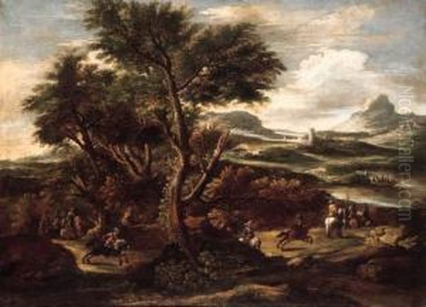 A Cavalry Troop In A Wooded River Landscape With A Hilltop Townbeyond Oil Painting by Pandolfo Reschi