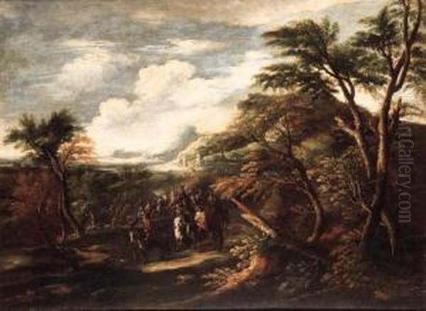 A Cavalry Troop In A Wooded Landscape, A Town Beyond Oil Painting by Pandolfo Reschi