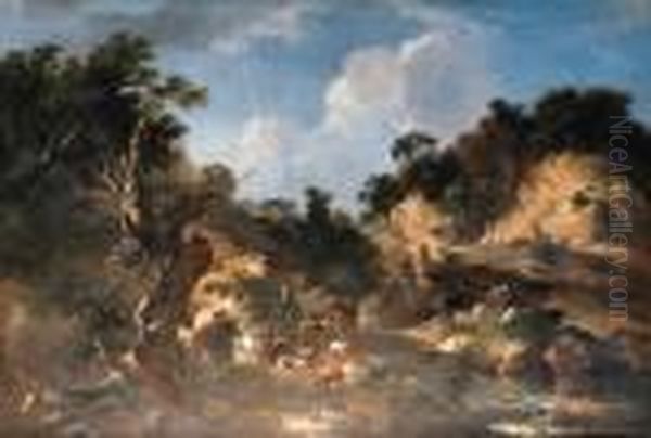 An Italianate Landscape With A Hunting Party Oil Painting by Pandolfo Reschi