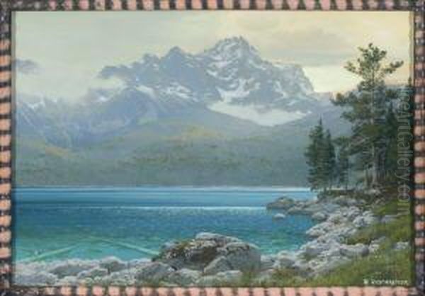 Blick Uber Den Eibsee Auf Das Zugspitzmassiv Oil Painting by Rudolf Reschreiter