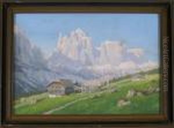 Sonniger Tag In Den Dolomiten - Blick Uber Einige Bergbauernhofe Auf Eine Berggruppe Oil Painting by Rudolf Reschreiter