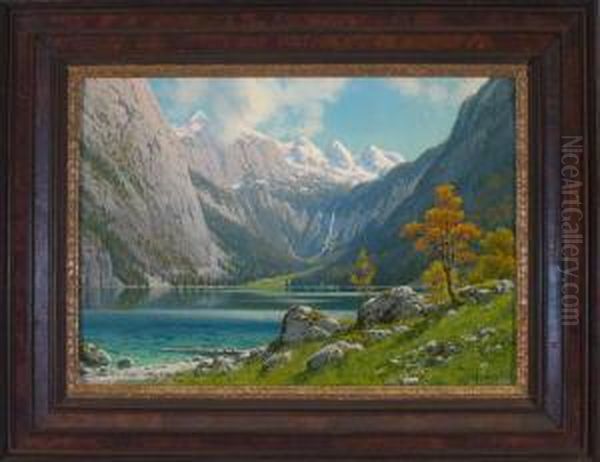 Blick Uber Den Obersee Am Konigssee Mit Dem Rothbachfall Oil Painting by Rudolf Reschreiter