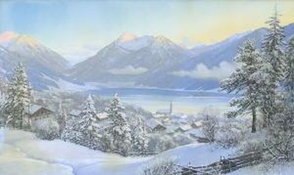 Blick Auf Den Winterlichen
 Schliersee. Oil Painting by Rudolf Reschreiter